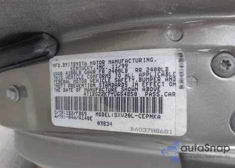 2000 Toyota Camry Le from USA, damaged, VIN 4T1BG22K7YU654850